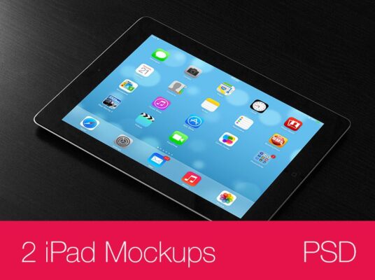 Black iPad on dark Table Mockups