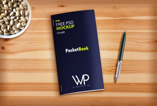 Brochure on Wooden Table PSD Mockup